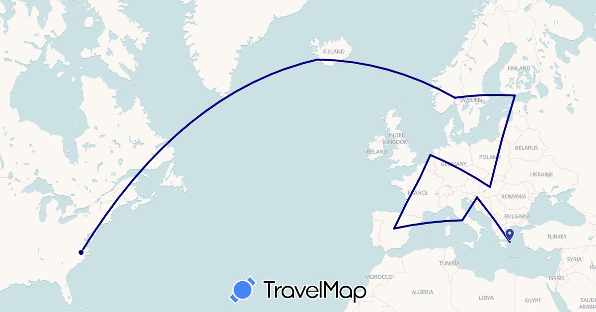 TravelMap itinerary: driving in Spain, Finland, France, Greece, Croatia, Hungary, Iceland, Italy, Netherlands, Norway, United States (Europe, North America)